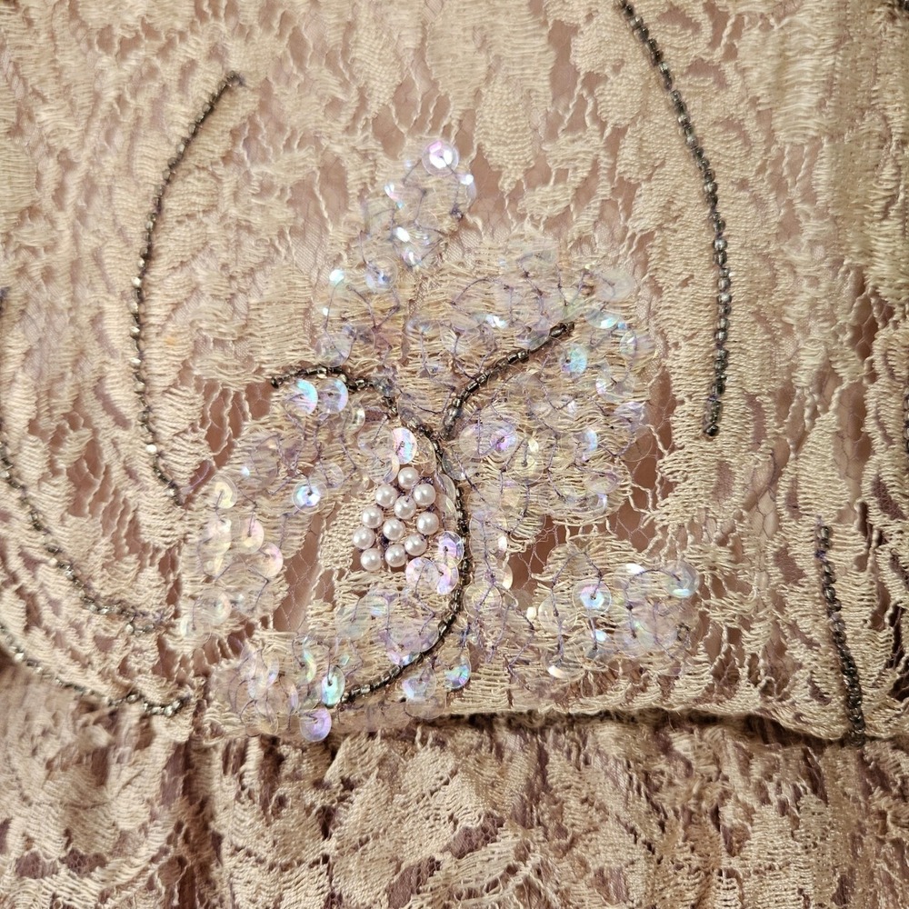 VTG Rina di Montella Lace Midi Dress 10 Champagne Sequin Beaded Cocktail Cottage - Picture 13 of 16